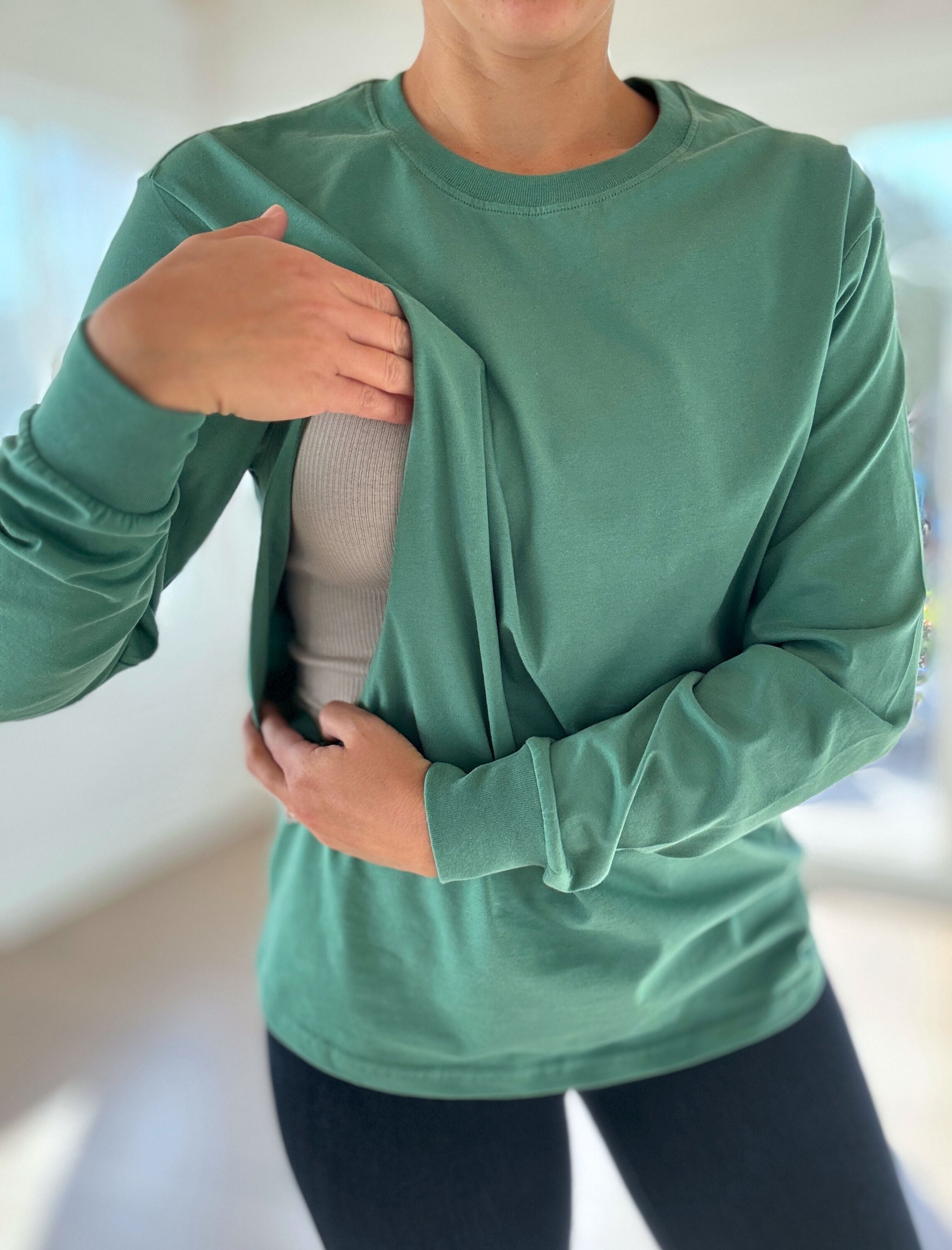 Breastfeeding Top Long Sleeve Nursing Friendly TShirt with Hidden Zippers for Nursing and Pumping Access