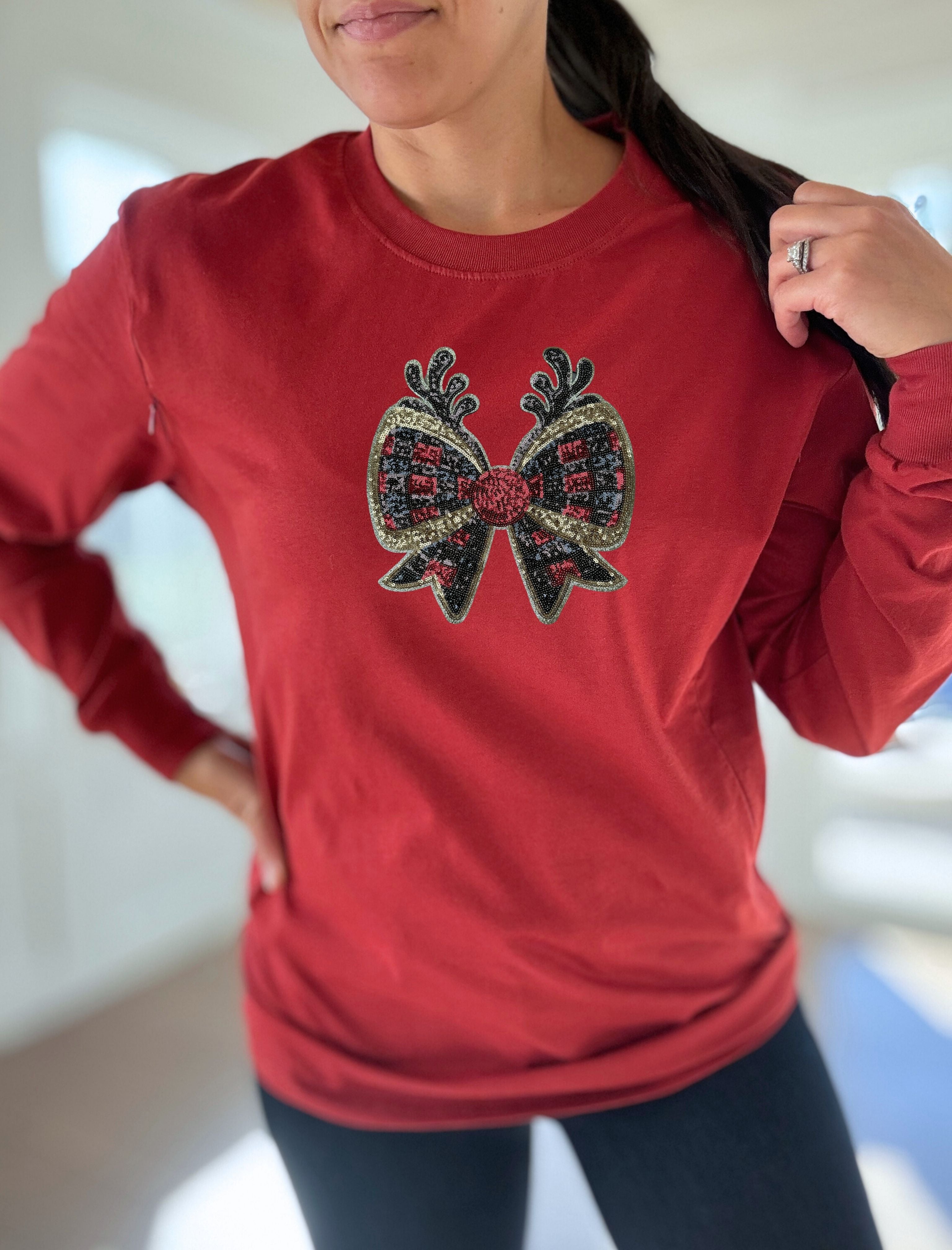 Reindeer Bow Sequins Long Sleeve Comfort Tee