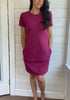 Breastfeeding T-Shirt Dress in dark pink. Two Zippers on right and left side to provide accessibility to nursing mothers. Pockets, rounded hem with two small slits on either side. T-Shirt Style dress perfect to nurse your child in.