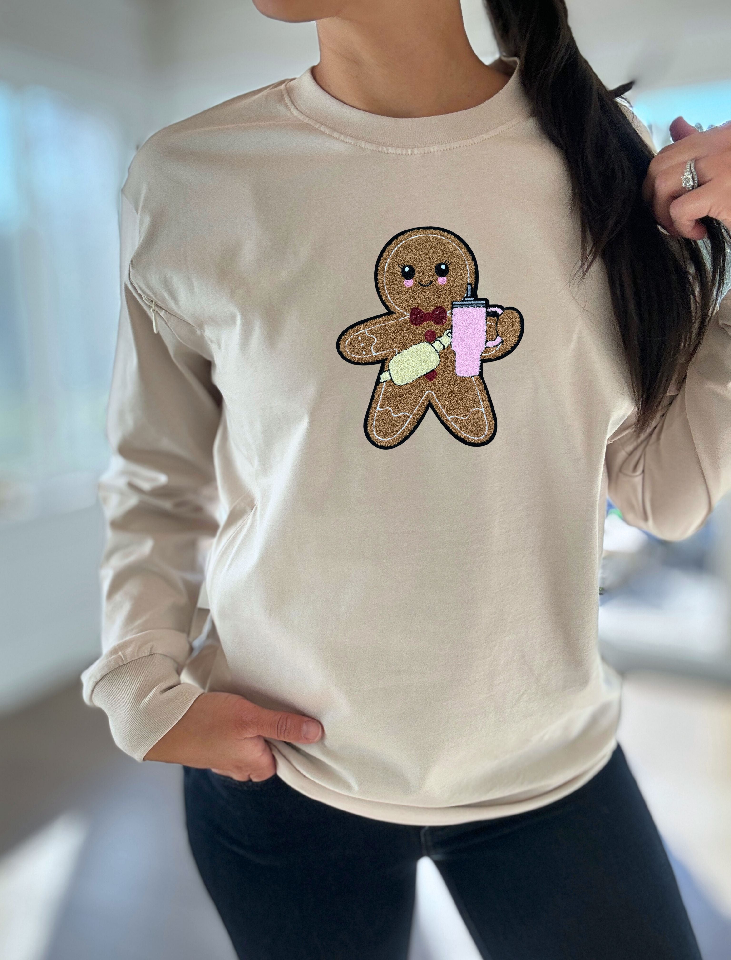 Gingerbread Chenille Patch Long Sleeve Comfort Tee