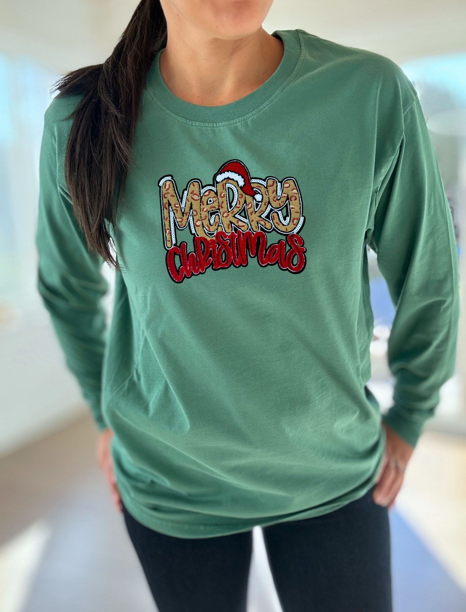 Merry Christmas Chenille Patch Long Sleeve Comfort Tee