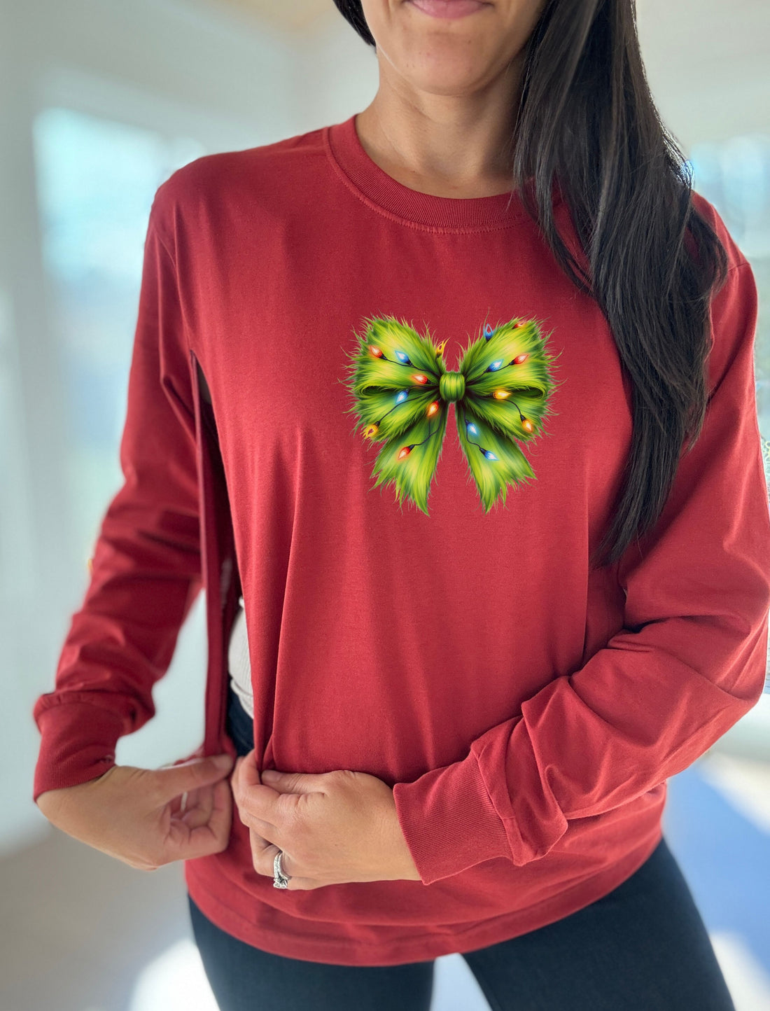 Fuzzy Christmas Bow Long Sleeve Comfort Tee