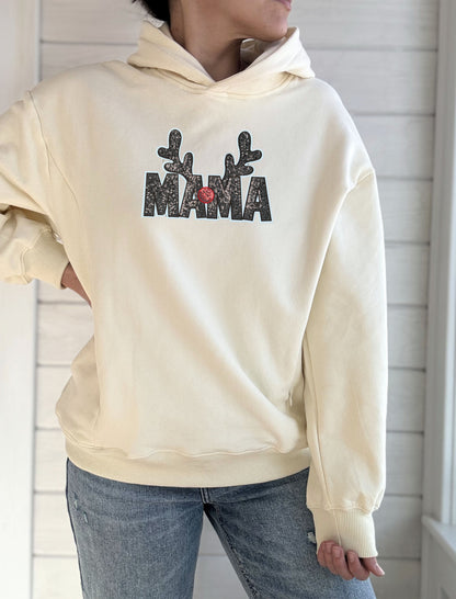 Mama Reindeer Sequins Patch Hooded Sweatshirt