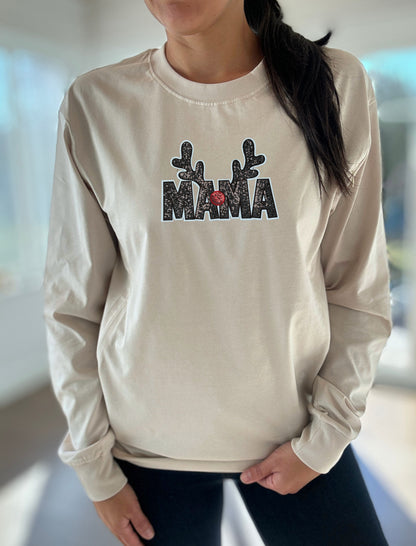 Mama Reindeer Sequins Patch Long Sleeve Comfort Tee