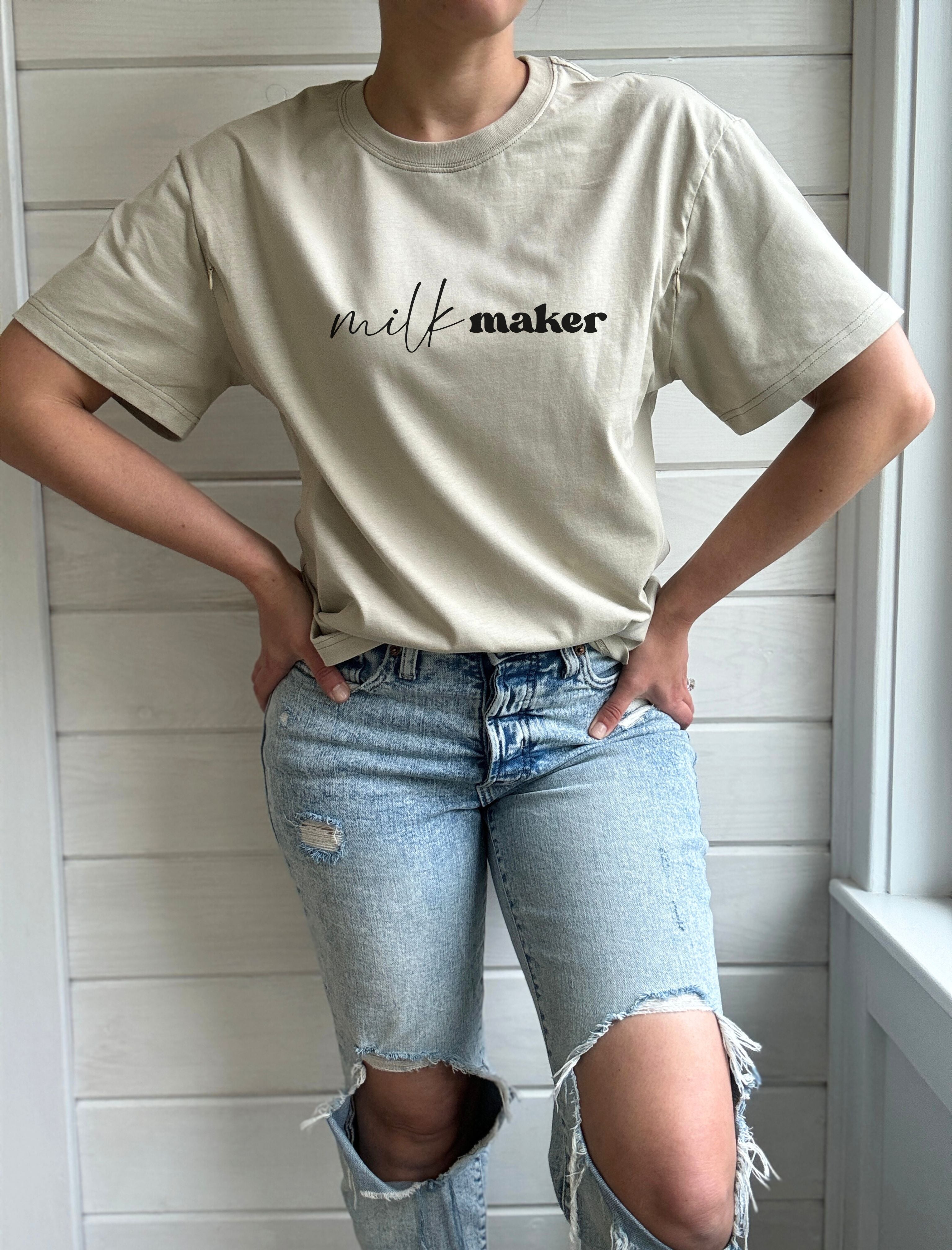 Nursing Friendly Top for Nursing and Pumping Moms with Hidden Zippers and a design on the chest saying Milk Maker for Breastfeeding Moms
