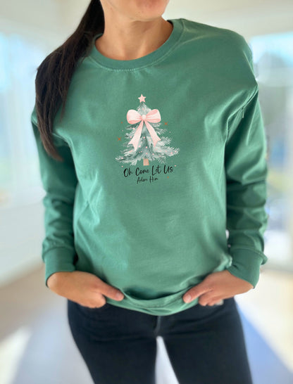 Let Us Adore Him Pink Bow Long Sleeve Comfort Tee