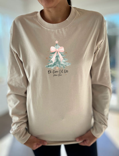 Let Us Adore Him Pink Bow Long Sleeve Comfort Tee