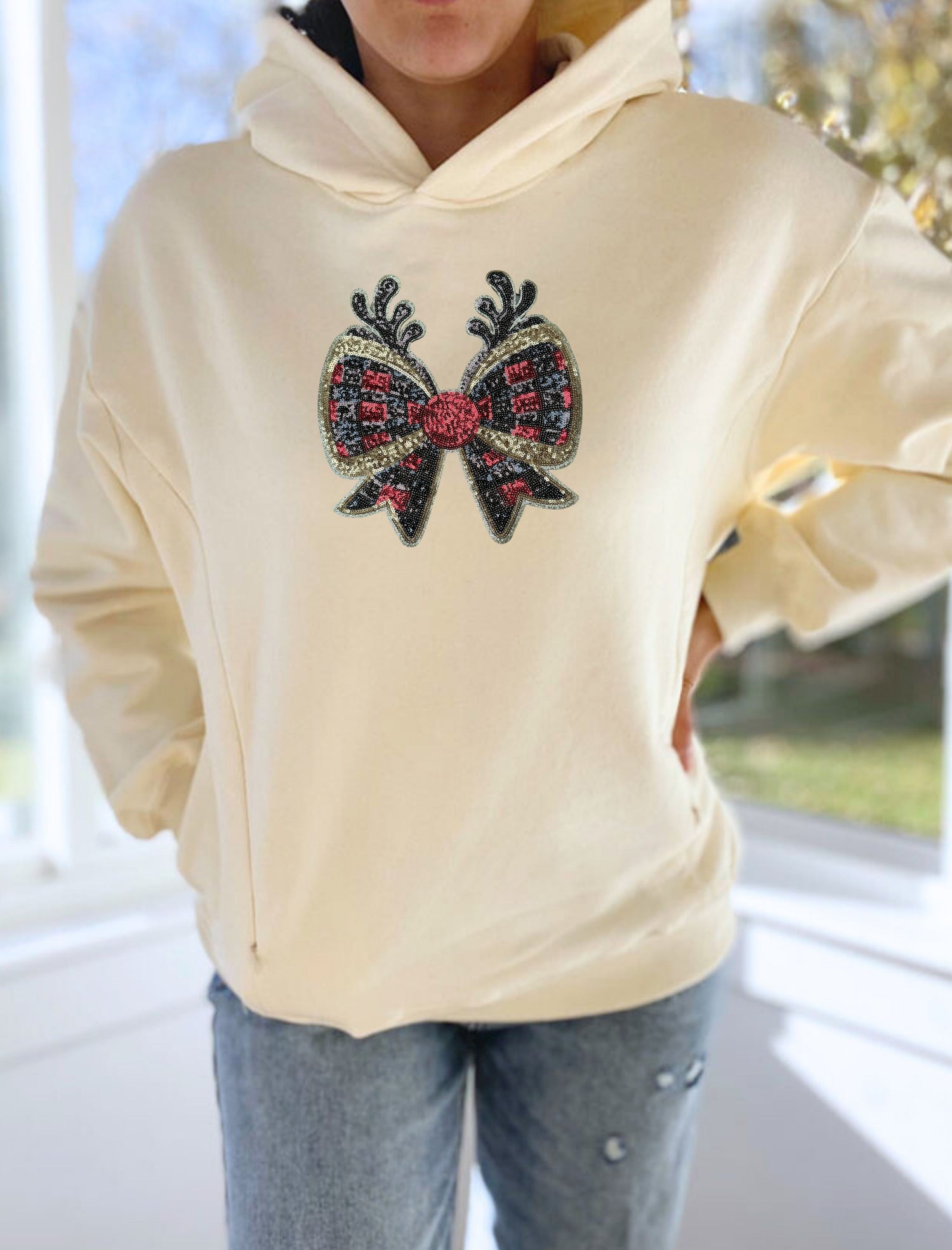 Reindeer Bow Sequins Hooded Sweatshirt