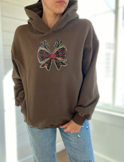 Reindeer Bow Sequins Hooded Sweatshirt