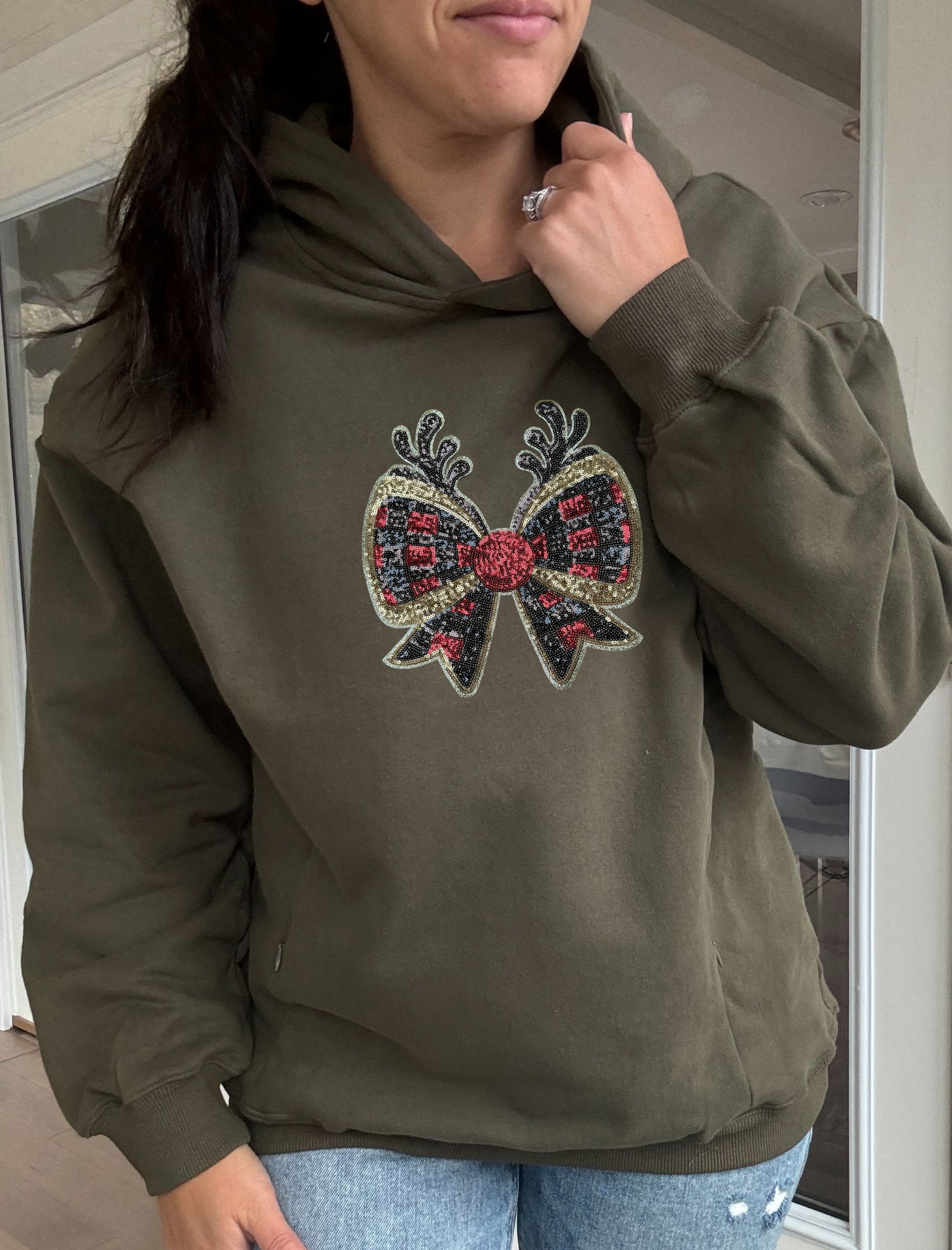 Reindeer Bow Sequins Hooded Sweatshirt