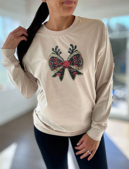 Reindeer Bow Sequins Long Sleeve Comfort Tee