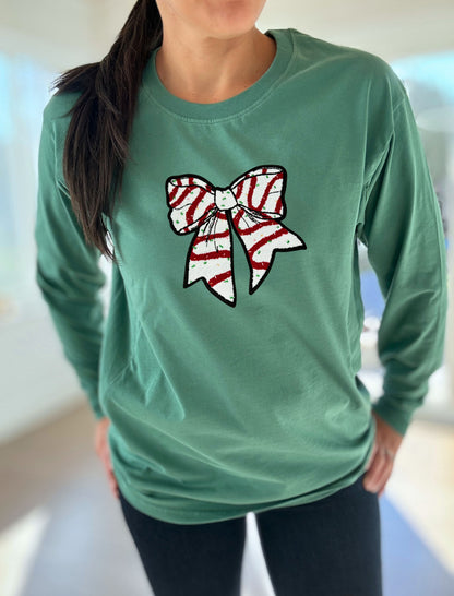 Christmas Bow Chenille Patch Long Sleeve Comfort Tee