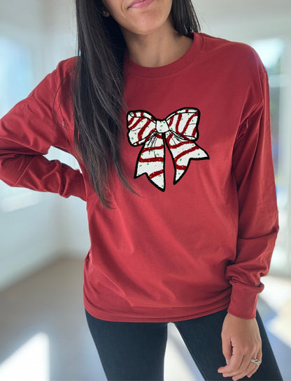 Christmas Bow Chenille Patch Long Sleeve Comfort Tee